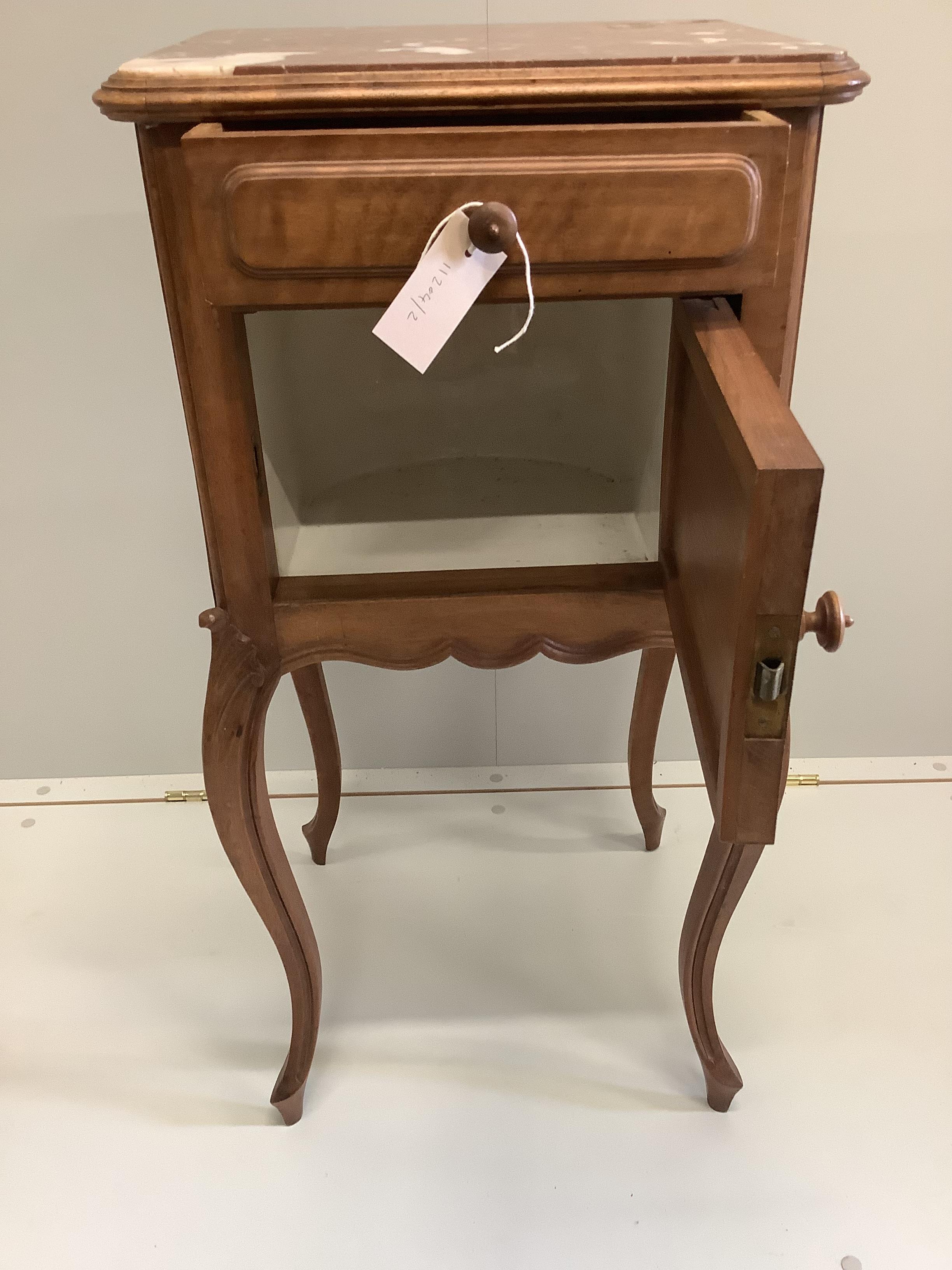 A 19th century French marble top walnut bedside cabinet, width 42cm, depth 36cm, height 82cm